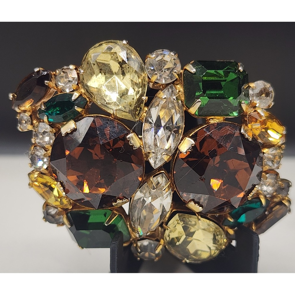 Vintage Multi Color Rhinestone Cluster Brooch Gold Tone Brown Green Yellow - Picture 2 of 5